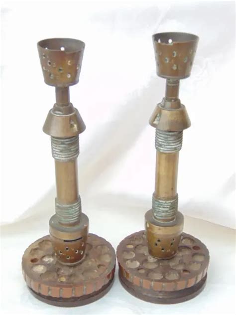 Pair Antique Vintage War Relic Trench Art Candlesticks Wwi Wwii 210