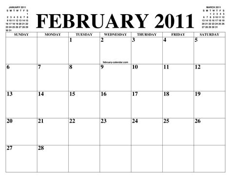 February 2011 Calendar Of The Month Free Printable February Calendar