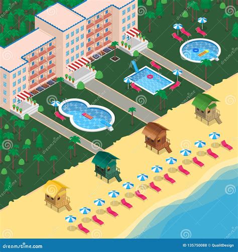 Hotel Resort Vector 3d Isometric Illustration Summer Vcation And