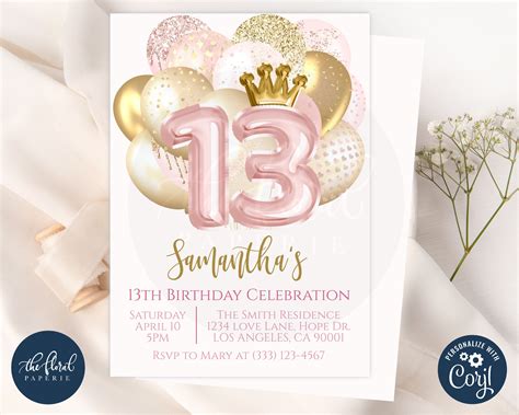 13th Birthday Invitation Template Editable Blush And Gold Etsy Australia