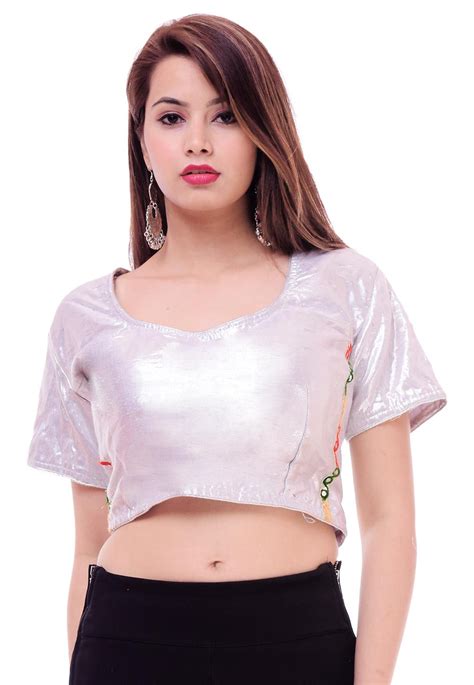 Solid Color Art Silk Shimmer Blouse In Silver Ujn539