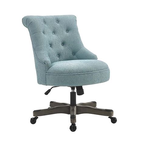 This beige upholstered office chair is on wheels for easy movement and boasts gracious curved armrests and a scrollwork back all in a peppercorn finish. Linon Sinclair Swivel Fabric Upholstered Office Chair in ...