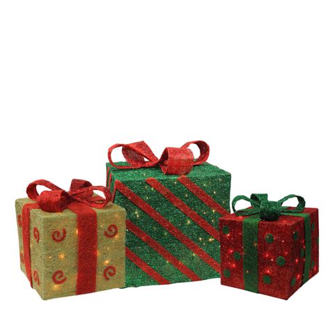 Set Of 3 Green And Red Lighted T Boxes Outdoor Christmas Decor