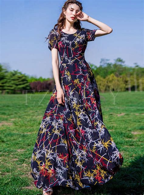 Dresses Maxi Dresses Bohemian High Waist Print Big Hem Chiffon Dress Womens Linen Clothing