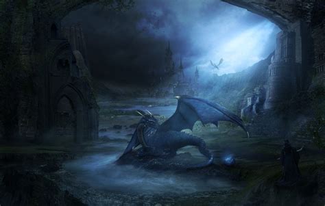 A Dragon Sitting On Top Of A Body Of Water In Front Of A Stone Arch