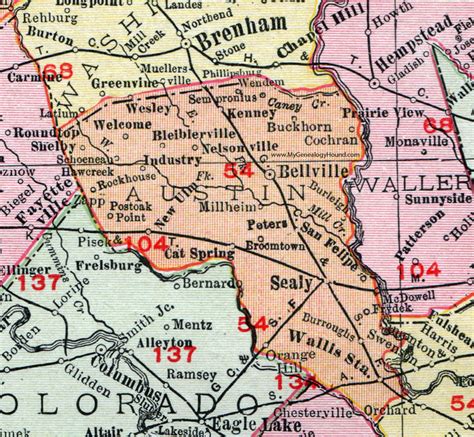 Austin County Texas 1911 Map Rand Mcnally Bellville Sealy Wallis