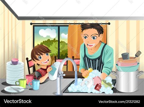 Father And Son Washing Dishes Royalty Free Vector Image