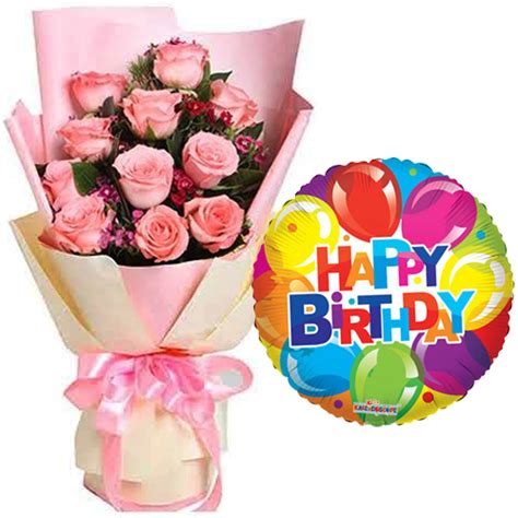 Send 12 Pcs Pink Roses With Birthday Mylar Balloon To Cebu Philippines