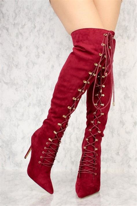 wine front lace up pointy toe over the knee high heel ami clubwear boots faux suede cool style