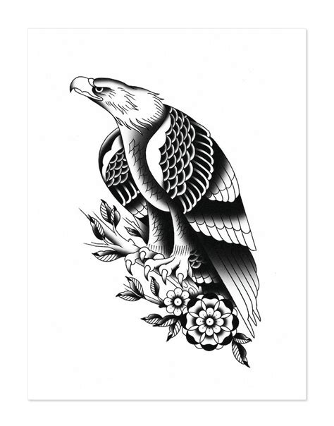 Perched Eagle Traditional Tattoo Flash Black And White Old Etsy