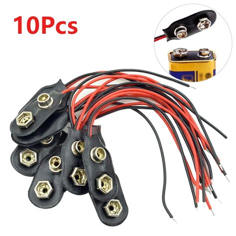 10pcs I Type 9v Clip On Battery Connector Leather Shell Black Red Wired