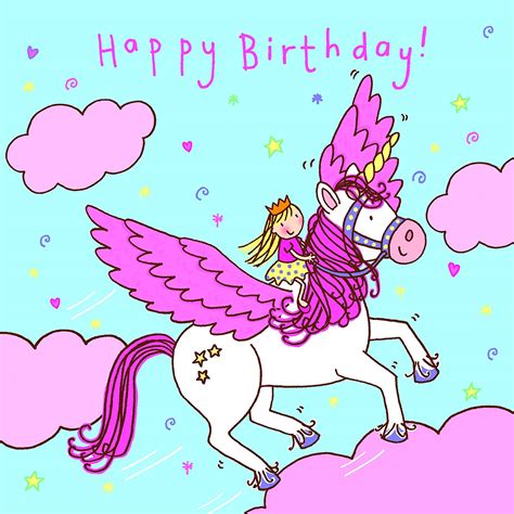 Twizler Happy Birthday Card For Girl Flying Unicorn Clouds And