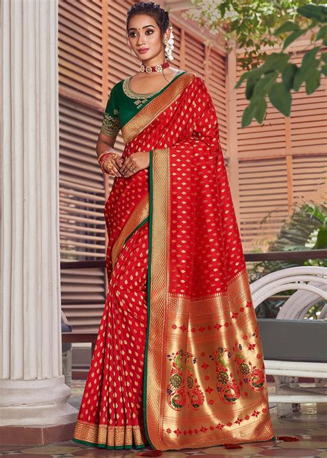 Hot Red And Golden Paithani Saree For Woman For Weddings Reception Zari