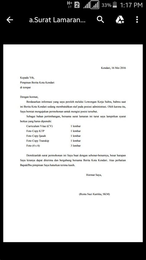 Kali ini saya akan membagikan contoh surat lamaran pekerjaan bahasa inggris sesuai dengan iklan loker dalam bahasa inggris dengan menyertakan terjemahan atau contoh 5 surat lamaran kerja bahasa inggris. Contoh Surat Lamaran Pekerjaan Dalam Bahasa Inggris ...