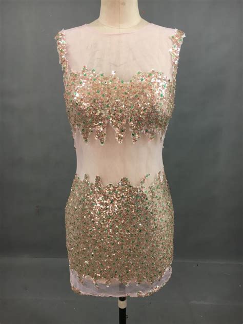 2017 Sexy See Through Short Pink Sequined Prom Dresses Backless