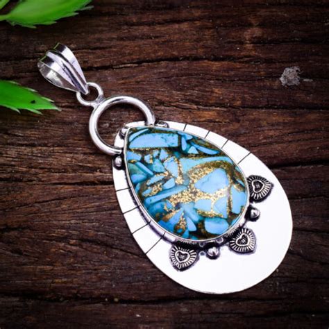 Blue Copper Turquoise Gemstone Sterling Silver Handmade Pendant Bs