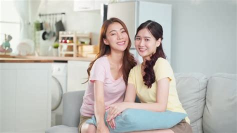 portrait of asian beautiful lesbian woman couple smile look at camera stock footage