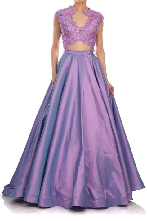 Designer Embroidered 2 Piece Crop Top Skirt Purple Prom Dress Pageant