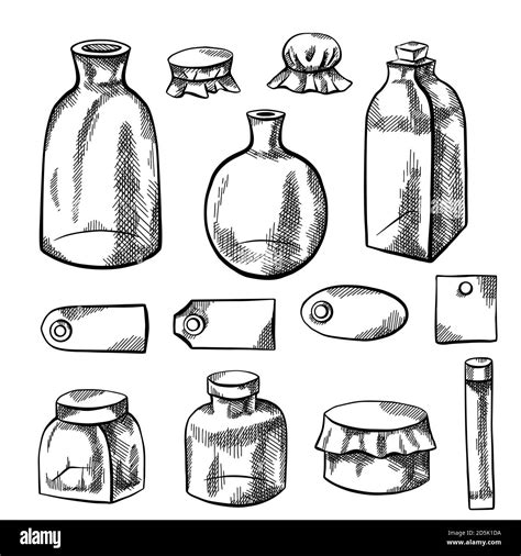 Set Of Glass Bottles Flasks And Labels Pencil Sketch With Hatching Natural Pharmacy