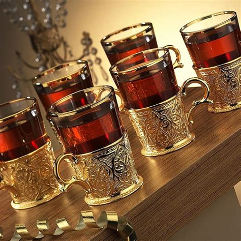 Turkish Tea Set Decorated Glasses With Brass Holders Tray Gold Silver