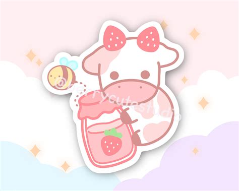 Strawberry Cow Sticker Kawaii Stickers Water Bottle Stickers Etsy