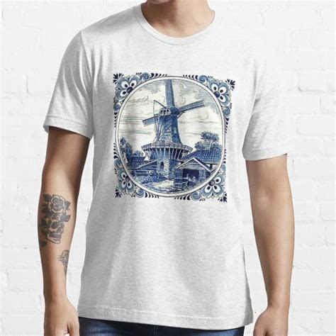 Dutch Blue Delft Vintage Windmill Print T Shirt For Sale By