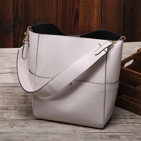 women s off white genuine leather shoulder bucket bag with wide strap bags leather bucket bag