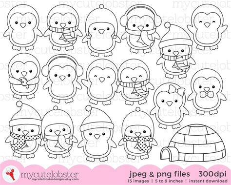 Cute Penguins Digital Stamps Penguin Outlines Line Art Etsy Digital