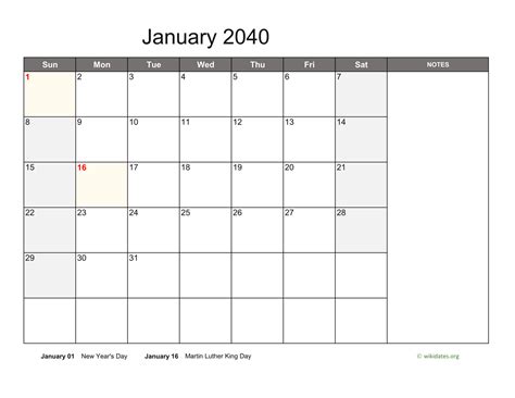 January 2040 Calendar With Notes