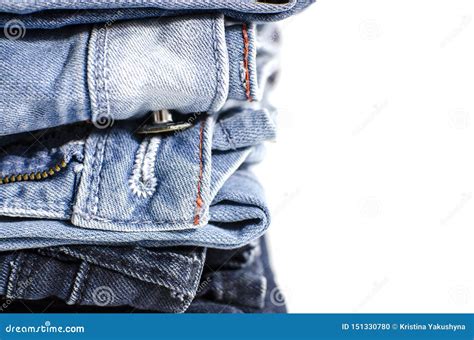 White Background Denim Blue Jeans Stack Clothes Fashion Charity