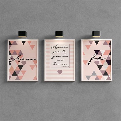 kit quadros decorativos amor e fé rosa wallze