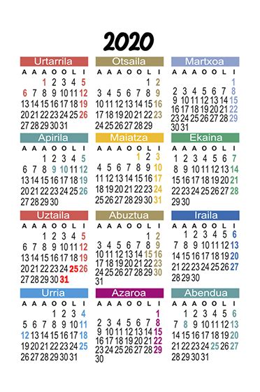 Calendario En Euskera Meses Calendario Jul