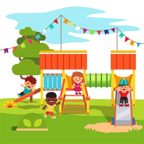Kindergarten Park Playground Slide With Kids Stock Vector