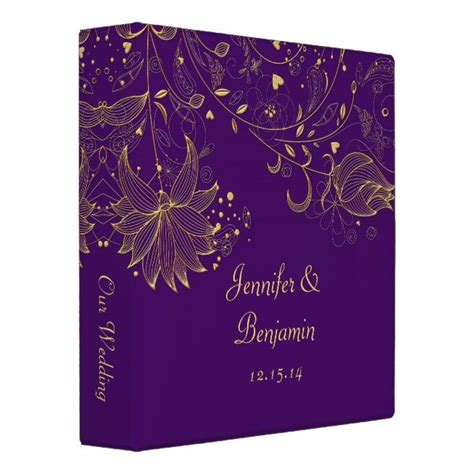 Gold Sketched Flowers On Dark Purple Photo Album 3 Ring Binder Purple And Silver