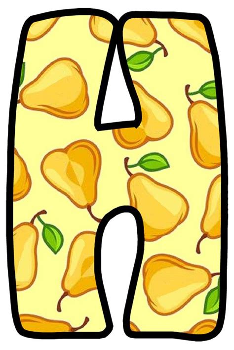 The Letter E Is Made Up Of Pears And Leaves On Yellow Background With