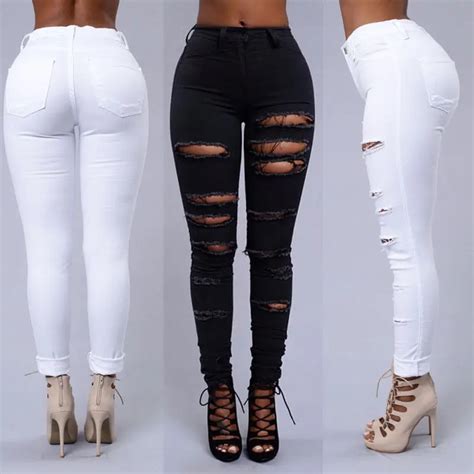 Ladies Ripped Knee Sexy Skinny Jeans Womens High Waisted Jegging Pants Black White Costume In