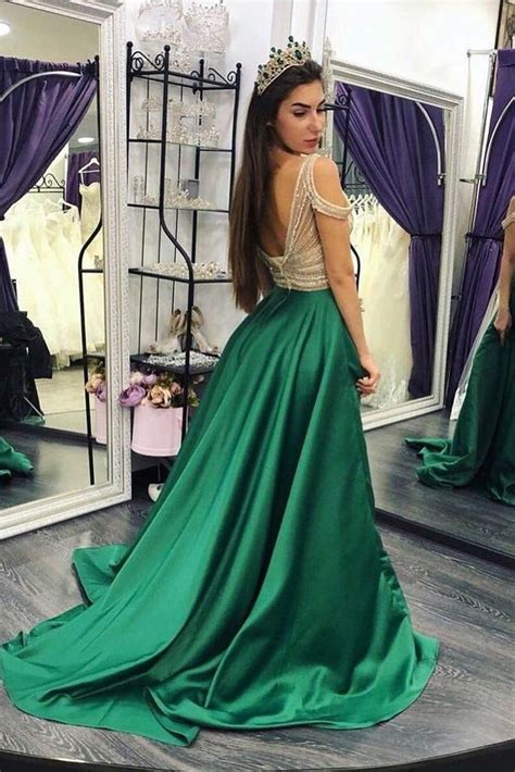 Green Satin Bead Crystals Prom Gown Off The Shoulder Green Prom Dress