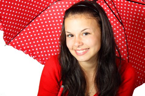 Happy Young Long Haired Woman Under Umbrella Free Image Download