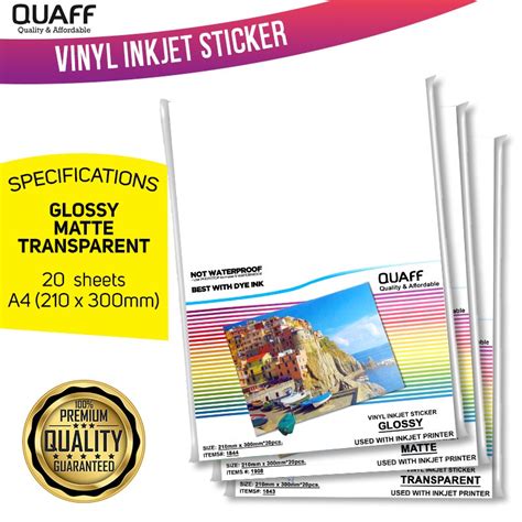 Quaff Vinyl Inkjet Sticker A4 Size Matte Glossy Transparent 20