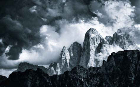 Nature Landscapes Mountains Monochrome Black White Sky Clouds Wallpaper