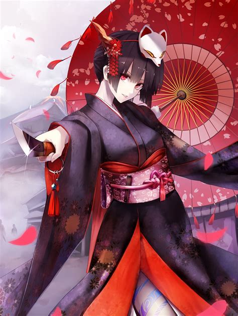 Wallpaper Anime Girls Short Hair Black Hair Red Eyes Japanese Clothes Kimono Comics