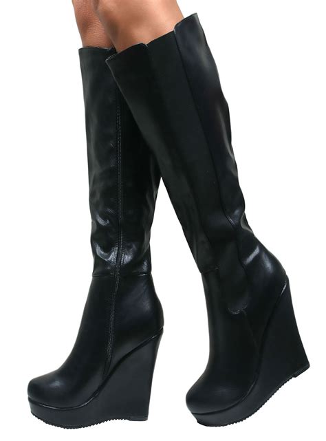 Ladies New Wedge Heel Platform Knee High Stretch Zip Up Long Boots Shoes Size Ebay