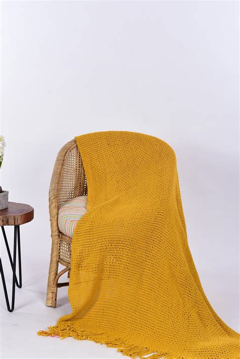 Mustard Yellow 100 Cotton Throw Blanket 54x72 Boho Hand Etsy