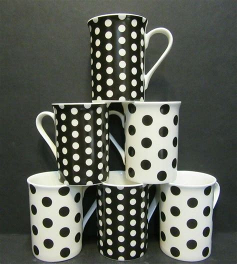 Set Of 6 Fine Bone China Spotty Mugs Polka Dots Black And White Coffee