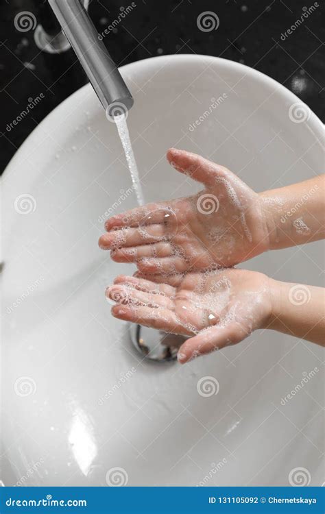 Little Boy Washing Hands With Soap Over Sink Stock Photo Image Of
