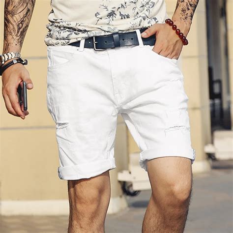 Mens Denim Shorts Slim Regular Casual Knee Length Short Hole Jeans Shorts For Men New Summer