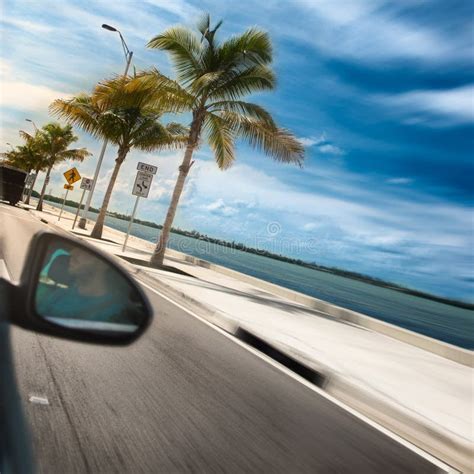Man Driving A Car Across Paradise Road With Palms And Ocean Stock Photo