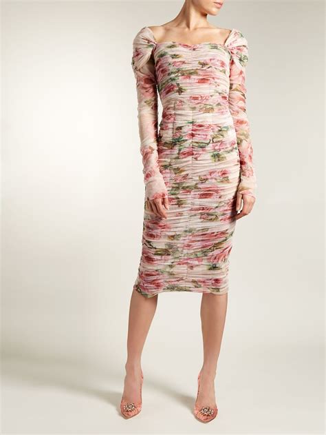 Rose Print Ruched Tulle Dress Dolce And Gabbana Matchesfashioncom Uk