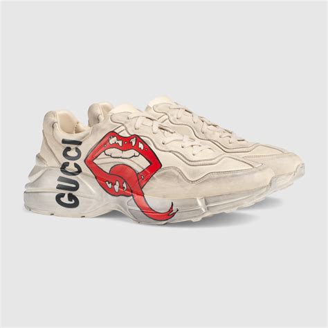 White Leather Mens Rhyton Sneaker With Mouth Print Gucci Us