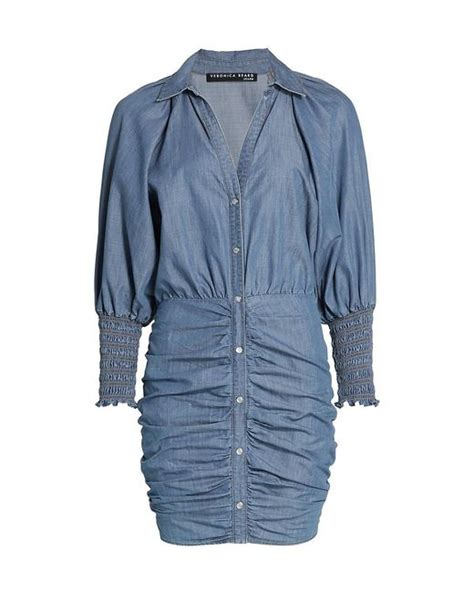 Veronica Beard Cotton Allie Ruched Chambray Minidress In Blue Lyst